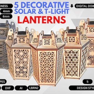 May include: Five decorative solar and t-light lanterns with intricate laser-cut designs. The lanterns are made of light-colored wood and feature various geometric patterns. The image includes text indicating file types and design styles.