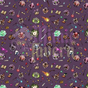 May include: A purple background with a repeating pattern of fantasy-themed illustrations. The design includes dice, potions, swords, books, and other role-playing game elements. The text "Raven" is visible in a stylized font.