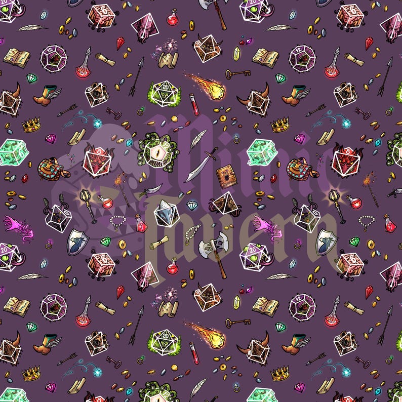 May include: A purple background with a repeating pattern of fantasy-themed illustrations. The design includes dice, potions, swords, books, and other role-playing game elements. The text "Raven" is visible in a stylized font.