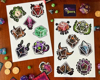 Vinyl Dungeons and Dragons Monster Stickers, D&D Dice Sticker sheet, D20 Stickers, Mimic, Owlbear, Mindflayer, Dragon stickers, Rpg gift