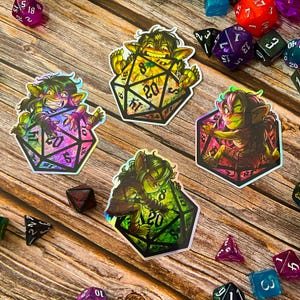 Dice Goblin Sticker Pack, Holographic Dungeons and Dragons stickers, Geeky Water Bottle Stickers, DnD stickers, Goblin girl sticker pack