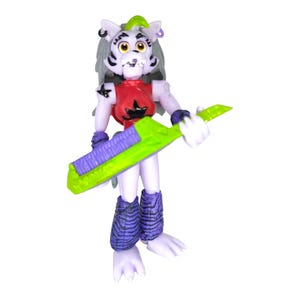 May include: A figurine of a wolf-like character with a red top, purple and blue accents, and a green and purple guitar. The character has gray and green hair and is holding the guitar. The figurine is standing on a white surface.