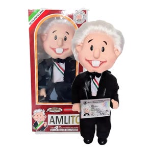Muñeco de plástico AMLO 14" con sonidos Andres Manuel Lopez Obrador Morena Amlito con CAJA e INE