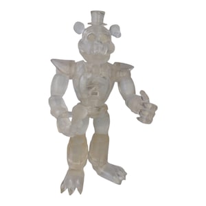May include: A clear plastic toy figure of a robot with a top hat. The robot has a humanoid shape with large hands and feet. The figure is translucent and appears to be made of a clear plastic material.
