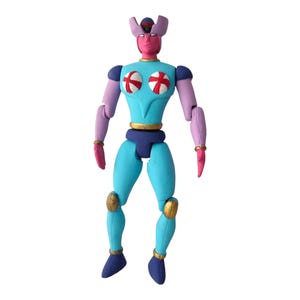 Puede incluir: Una figura de acción azul y morada con un símbolo rojo y blanco en el pecho. La figura tiene un cinturón dorado y está en pose con los brazos extendidos.