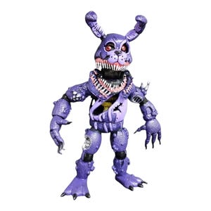 May include: Purple and black animatronic toy with a rabbit head, sharp teeth, and a torn chest. The toy has a distressed look and is posed in a menacing stance.