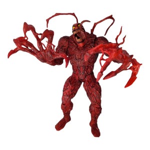 May include: A red and black action figure of Carnage, a Marvel Comics supervillain. The figure has a menacing expression and is posed in an attacking stance with its arms outstretched.