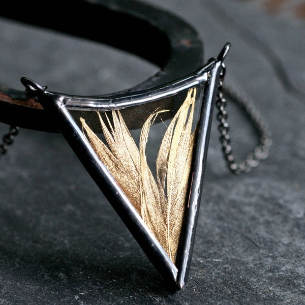 gold feather necklace modern arrow necklace real bird feather jewelry chevron triangle pendant gunmetal stained glass GOLD FEATHER ARROW