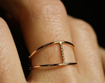 Handmade dainty cage ring- double band bar ring- BEADED T STRAP- Available in solid sterling silver, 14k gold or 14k gold fill