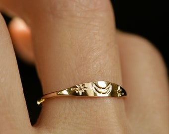 Crescent moon and stars ring- dainty solid gold ring- handmade celestial jewelry- MOON & STARS RING- Available in 10k, 14k or 14k rose gold