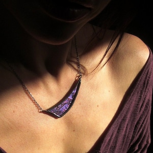 asymmetrical necklace purple pendant stained glass necklace modern boho necklace gunmetal necklace curved bib necklace DEEP VIOLET DART image 1