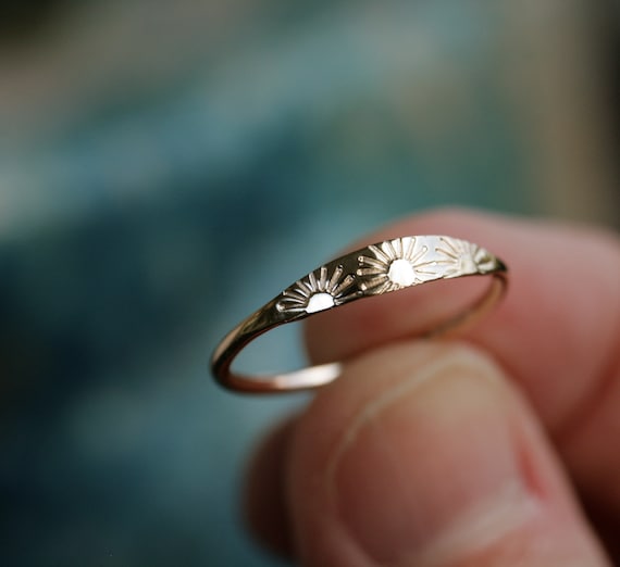 Original Solid Gold Sun Ring Hand Stamped Three Suns Dainty