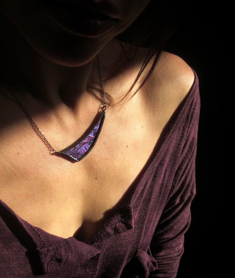 asymmetrical necklace purple pendant stained glass necklace modern boho necklace gunmetal necklace curved bib necklace DEEP VIOLET DART image 1