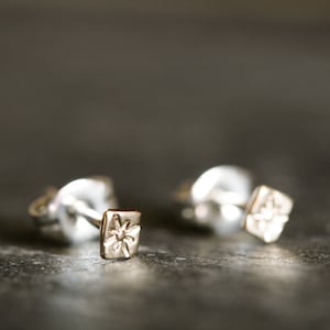 hand stamped star studs tiny square posts north star earrings small square studs STAR SOLITAIRE STUDS Available in sterling or 14k image 4