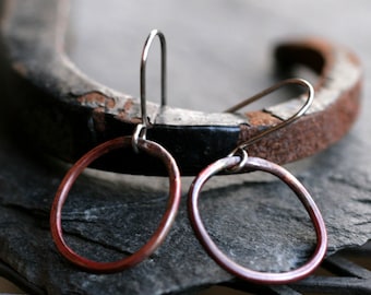small circle earrings copper circle earrings tiny copper heat patina rustic hammered forged simple minimalist modern COPPER CIRCLE EARRINGS