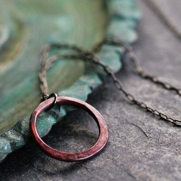 small circle necklace rustic copper necklace rosy patina minimalist modern round pendant simple organic TINY RELIC RING