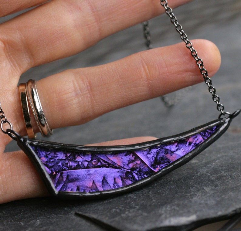 asymmetrical necklace purple pendant stained glass necklace modern boho necklace gunmetal necklace curved bib necklace DEEP VIOLET DART image 4