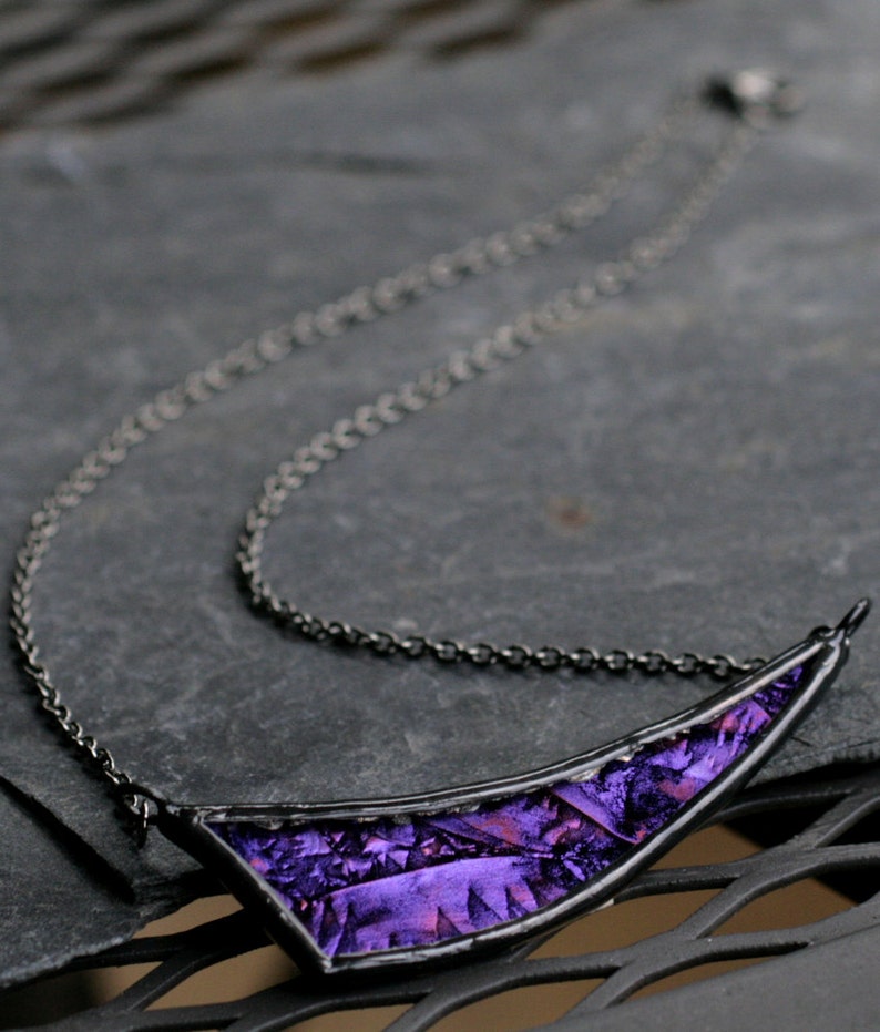 asymmetrical necklace purple pendant stained glass necklace modern boho necklace gunmetal necklace curved bib necklace DEEP VIOLET DART image 3