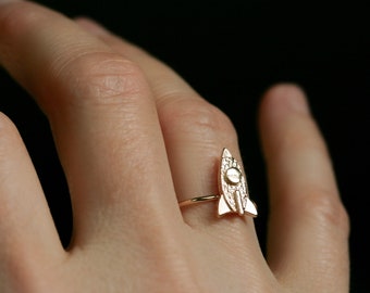 Dainty rocket ring- handmade celestial space jewelry- minimalist artisan ring- ROCKETSHIP RING- Available in solid sterling, 10k, 14k gold