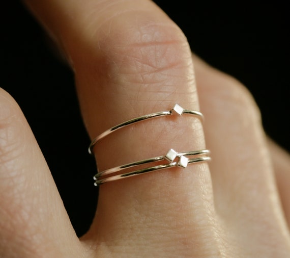 Dainty minimalist small square stacking ring ultra thin stackable rings TINY DIAMOND Available in solid sterling silver or 14k gold Etsy
