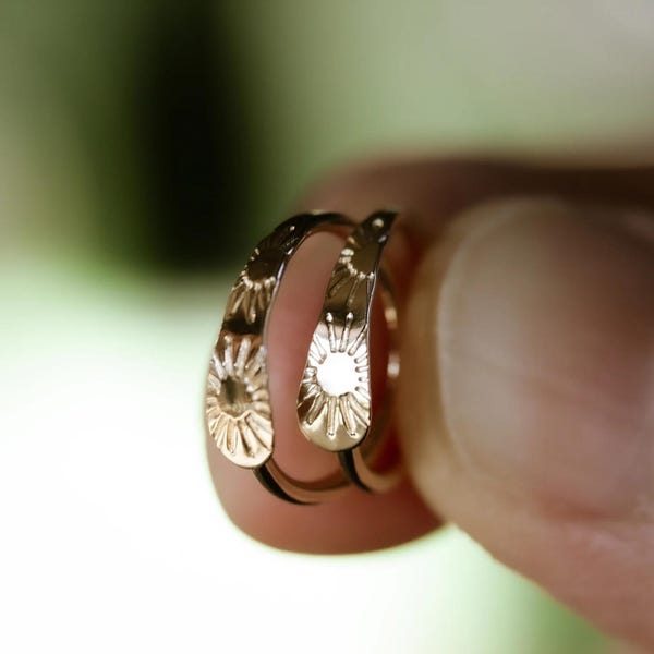 Solid gold sun hoops- handmade dainty celestial earrings- small huggie hoops- GOLD ENDLESS SUN- Available in solid 10k, 14k, 14k rose gold