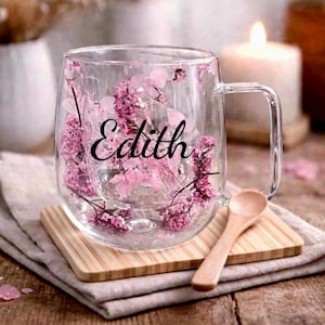 Custom Pink Mug Set | Floral Glass Cup with Coaster | Gift for Sister or Girlfriend