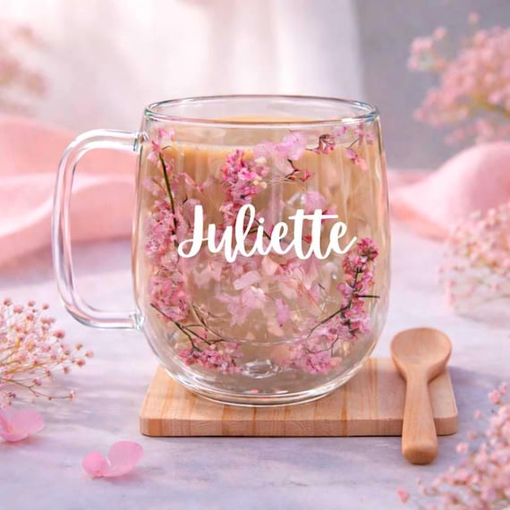 Personalised Flower Mug Set | Pink Dried Floral Insulated Glass Cup + Wooden Coaster