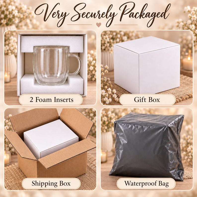 K&ouml;nnte beinhalten: Eine vierteilige visuelle Anleitung mit dem Titel Very Securely Packaged zeigt eine doppelwandige Klarglastasse in wei&szlig;en Schaumstoffeins&auml;tzen, eine wei&szlig;e Geschenkbox, einen braunen Versandkarton und einen dunkelgrauen wasserdichten Beutel.