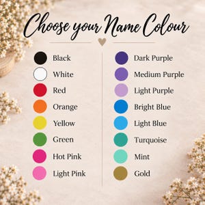 K&ouml;nnte beinhalten: Eine Farbkarte mit dem Titel Choose your Name Colour, die zwei Spalten mit kreisf&ouml;rmigen Farbmustern zeigt. Die linke Spalte enth&auml;lt Schwarz, Wei&szlig;, Rot, Orange, Gelb, Gr&uuml;n, Pink und Hellrosa. Die rechte Spalte enth&auml;lt Dunkellila, Mittellila, Helllila, Hellblau, Himmelblau, T&uuml;rkis, Mint und Gold.