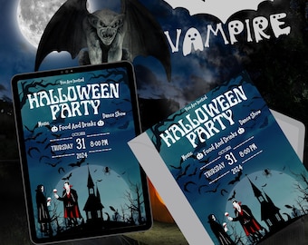 Editable Vampire Halloween Invitation Dark Halloween Cute Invitation, Friendly Vampires Halloween Invitation, Spooky Vampire Welcoming Party