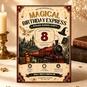 Puede incluir: Una tarjeta de invitación de cumpleaños rectangular titulada Magical Birthday Express Wizard School Party. Presenta un tren de vapor rojo, un castillo, un búho, un sombrero de mago y un libro de hechizos. El texto incluye Ethan is turning 8.