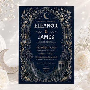 Puede incluir: Una tarjeta de invitación de boda rectangular con fondo azul marino oscuro, decorada con un arco botánico dorado, una luna creciente y una ilustración de un cenador de jardín y una cascada con el texto Eleanor y James.