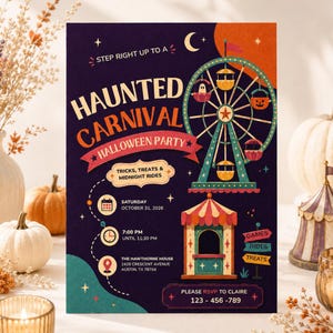 Haunted Carnival Halloween Party Invitation, Editable Canva Template, Spooky Carnival Invite, Halloween Fair Party, Printable Invitation