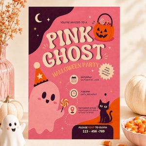 Puede incluir: Un folleto de invitación para una fiesta de Halloween rectangular en rosa y morado oscuro. Presenta un fantasma rosa con un sombrero de fiesta, un gato negro y un cubo de calabaza. El texto incluye 'PINK GHOST HALLOWEEN PARTY' y los detalles.