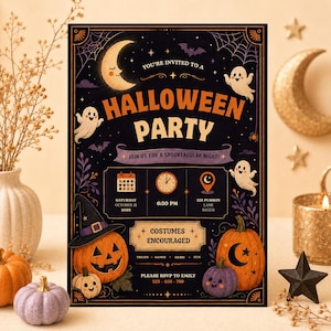 Puede incluir: Una tarjeta de invitación rectangular para una fiesta de Halloween con fondo negro y texto naranja que dice HALLOWEEN PARTY. El diseño incluye ilustraciones de luna creciente, fantasmas, calabazas, sombrero de bruja y murciélagos, con detalles del evento.