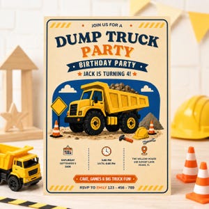 Puede incluir: Una invitación rectangular con un camión de volteo amarillo, conos de construcción y herramientas. El texto dice: DUMP TRUCK PARTY, BIRTHDAY PARTY, JACK IS TURNING 4, SATURDAY SEPTEMBER 6 2026, 3:00 PM UNTIL 6:00 PM, THE WILLOW HOUSE 318 SUNSET LANE MIAMI, FL.