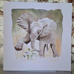 Kaart babyolifant, wenskaart olifant, stationaire olifant, aquarel olifant, kaart Afrikaanse dieren, verjaardagskaart olifant