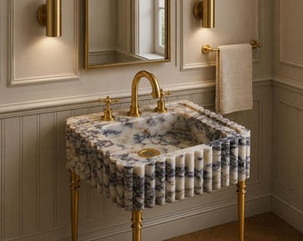 Luxury Fluted Marble Bathroom Sink with Brass Legs – Handmade Modern Vanity Basin for Elegant Bathroom Decor