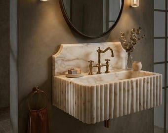 Calacatta Gold Marble Sink – Fluted Basin, Luxury Handmade Bathroom Fixture