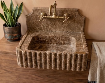 Fluted Marble Sink, Brown Marble Bathroom Sink, Wavy-Edged Marble Sink, Vintage-Style Farmhouse Sink, Mid-Century Modern Bathroom