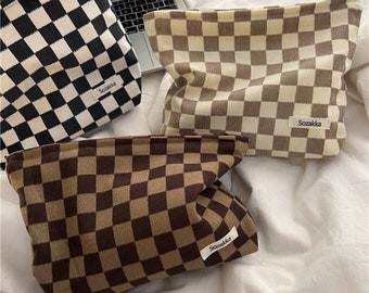 luxury Corduroy handmade chequered makeup pouch toiletry hand bag cosmetic travel clutch machine washable zip unique bridesmaid gift