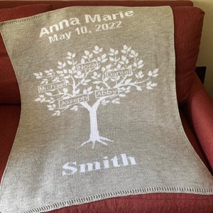 Personalized Family Tree Knit Baby Blanket: Custom Names, Soft Acrylic, Crocket Edge