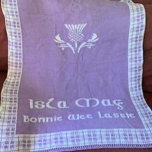 Personalized Knit Baby Blanket: Scottish Plaid Thistle, Gaelic Font, Many Colors, Easy Wash