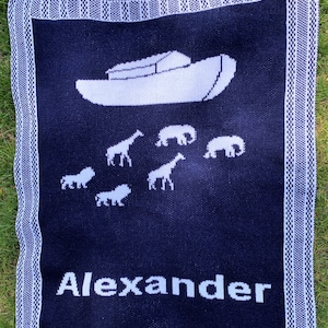 Personalized Noah&#39;s Ark Baby Blanket: Custom Knit Acrylic, Crochet Edges, Many Colors