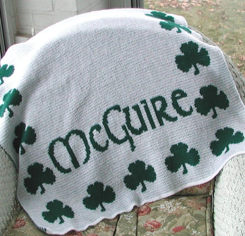 Personalized Irish Shamrock Knit Blanket FREE SHIPPING, green clover, personalized custom Irish Gaelic, Shamrock blanket, Irish blanket image 1