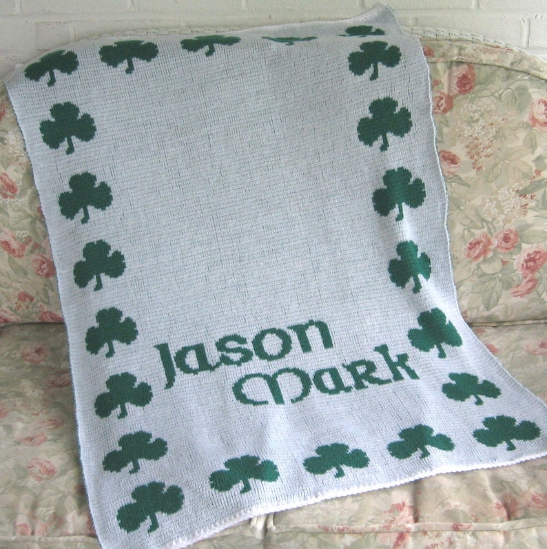 Personalized Irish Shamrock Knit Blanket FREE SHIPPING, green clover, personalized custom Irish Gaelic, Shamrock blanket, Irish blanket image 2