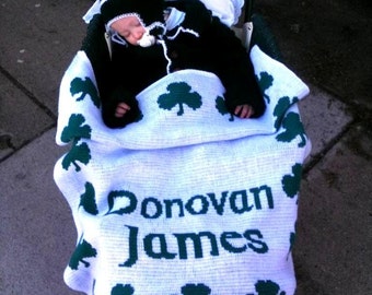 Personalized Knit Shamrock Blanket: Custom Irish Gaelic Name, Soft Acrylic