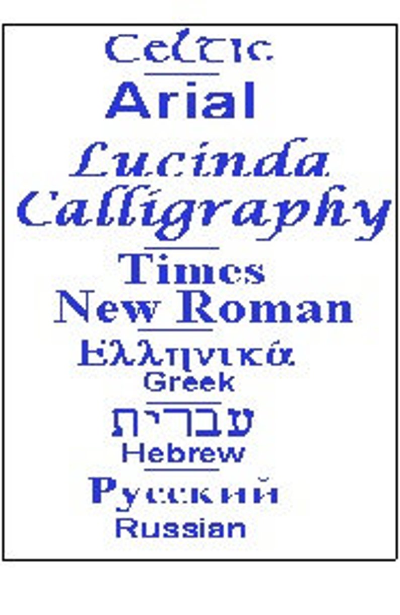 May include: A blue and white image showing different font styles in various languages, including Celtic, Arial, Lucinda Calligraphy, Times New Roman, Greek, Hebrew, and Russian.