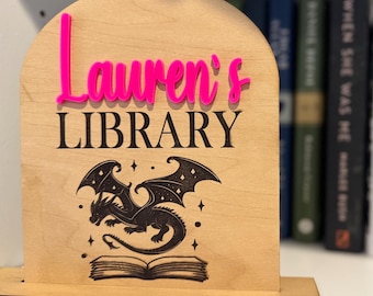 Personalized Wood Library Sign, Custom Acrylic Name, Bookshelf Decor