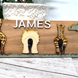 Jungle Animals Coat Rack, Jungle Bathroom Towel Rack. Kids Wall Hooks.  Personalized Coat Rack . Giraffe . Zebra . Elephant . Lion 